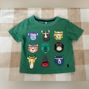 Joules Green Shirt with zoo animals with mouth openings 12 month